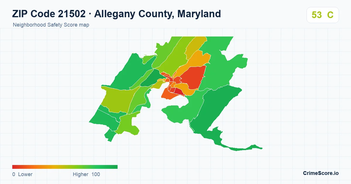 ZIP Code 21502 in Allegany County, Maryland neighborhood Safety Score map