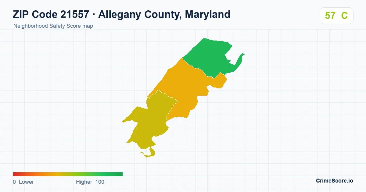 ZIP Code 21557 in Allegany County, Maryland neighborhood Safety Score map