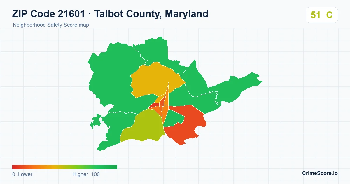 ZIP Code 21601 in Talbot County, Maryland neighborhood Safety Score map