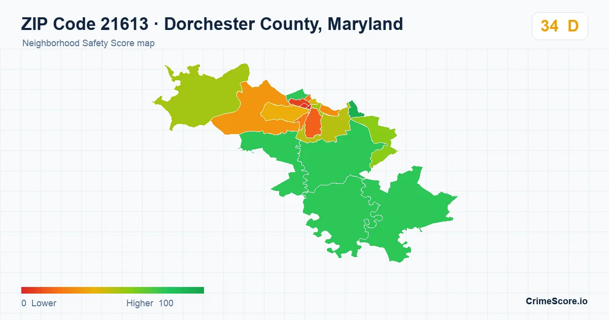 ZIP Code 21613 in Dorchester County, Maryland neighborhood Safety Score map