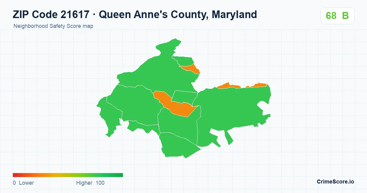 ZIP Code 21617 in Queen Anne's County, Maryland neighborhood Safety Score map