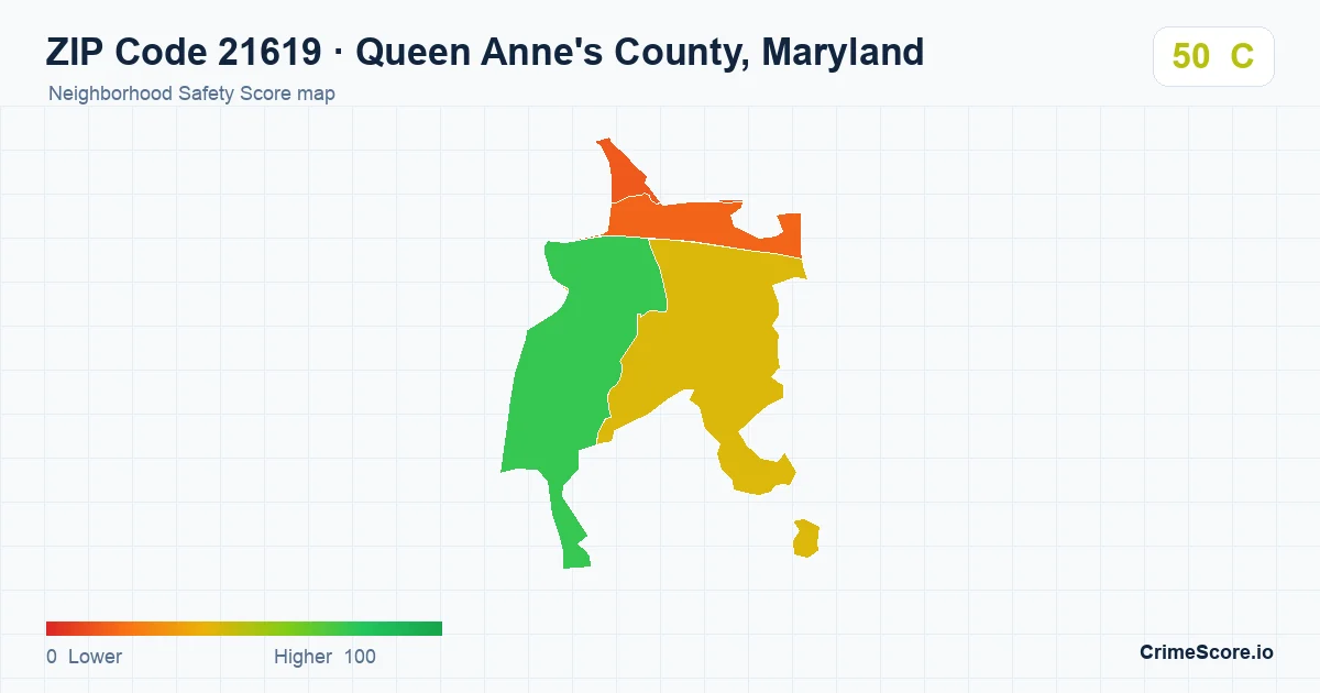 ZIP Code 21619 in Queen Anne's County, Maryland neighborhood Safety Score map