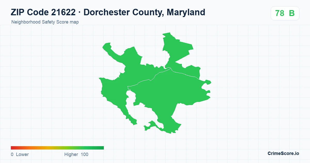 ZIP Code 21622 in Dorchester County, Maryland neighborhood Safety Score map
