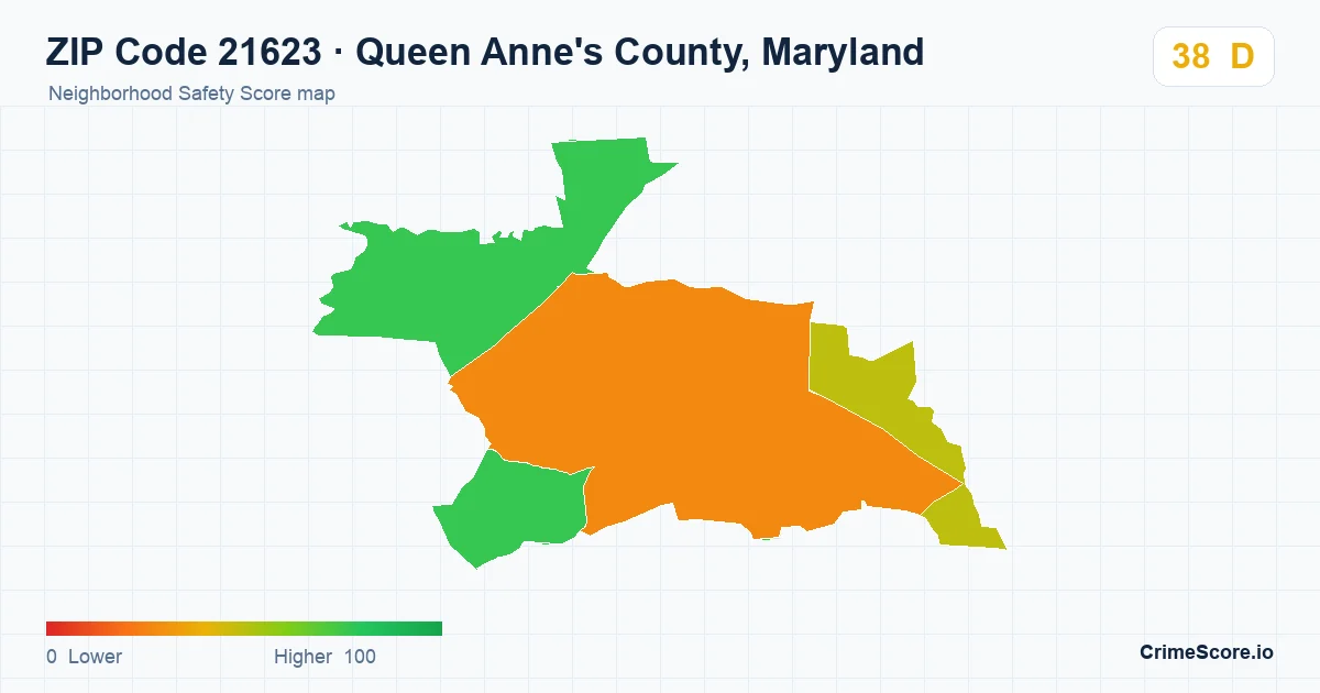 ZIP Code 21623 in Queen Anne's County, Maryland neighborhood Safety Score map