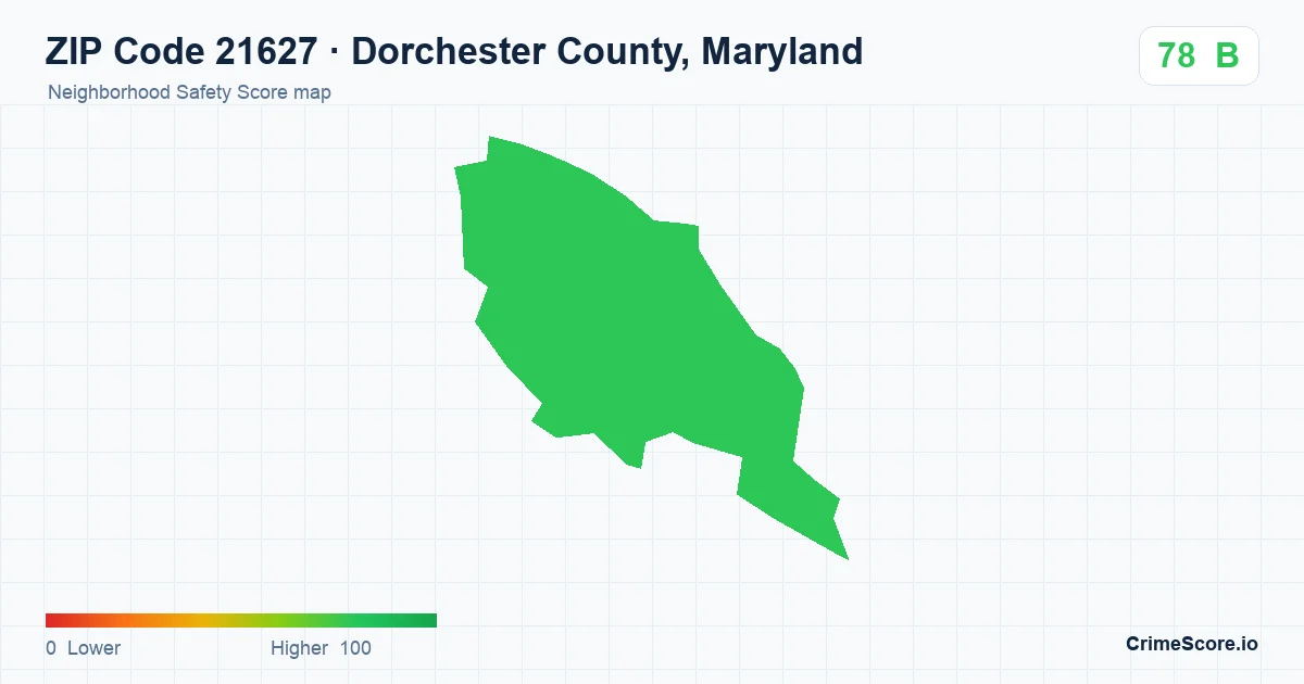 ZIP Code 21627 in Dorchester County, Maryland neighborhood Safety Score map