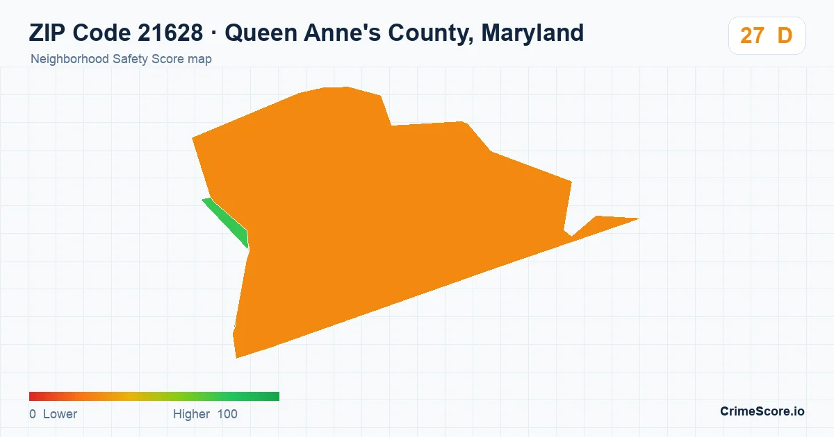 ZIP Code 21628 in Queen Anne's County, Maryland neighborhood Safety Score map