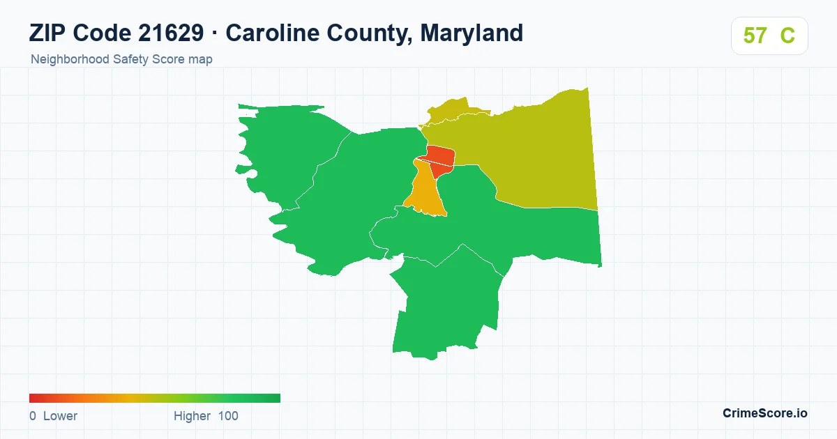 ZIP Code 21629 in Caroline County, Maryland neighborhood Safety Score map