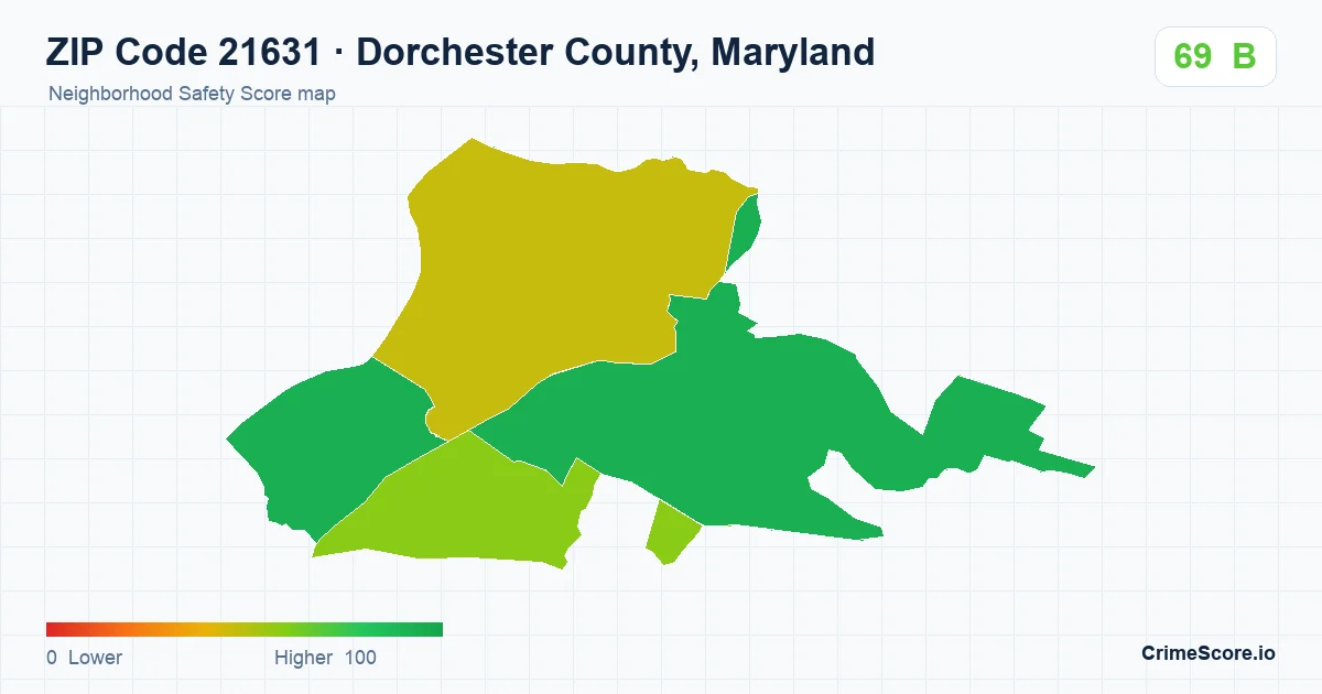 ZIP Code 21631 in Dorchester County, Maryland neighborhood Safety Score map