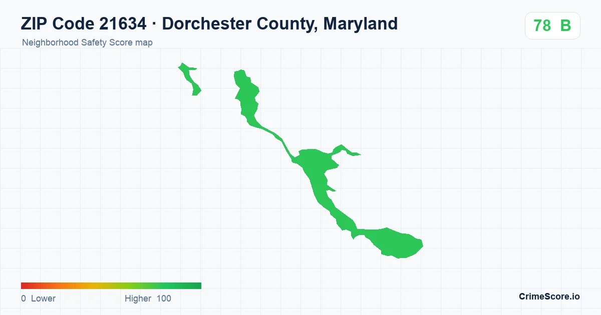 ZIP Code 21634 in Dorchester County, Maryland neighborhood Safety Score map