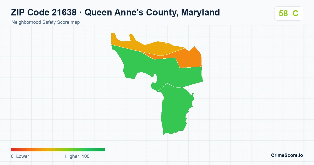 ZIP Code 21638 in Queen Anne's County, Maryland neighborhood Safety Score map