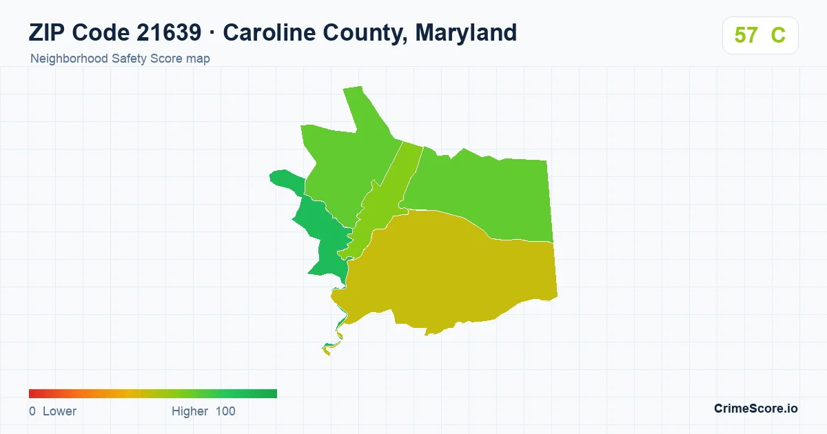 ZIP Code 21639 in Caroline County, Maryland neighborhood Safety Score map