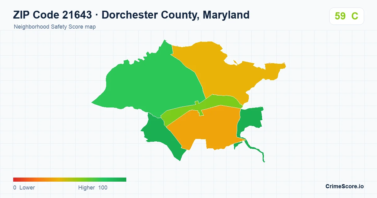 ZIP Code 21643 in Dorchester County, Maryland neighborhood Safety Score map