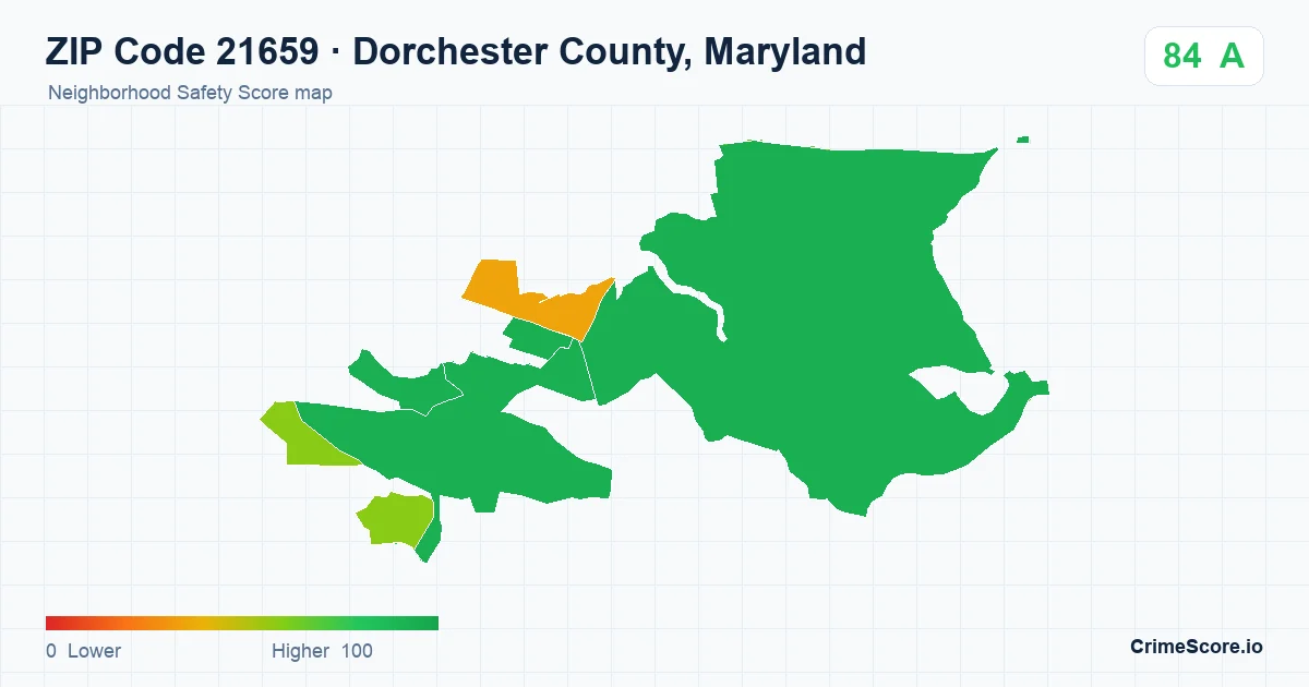 ZIP Code 21659 in Dorchester County, Maryland neighborhood Safety Score map
