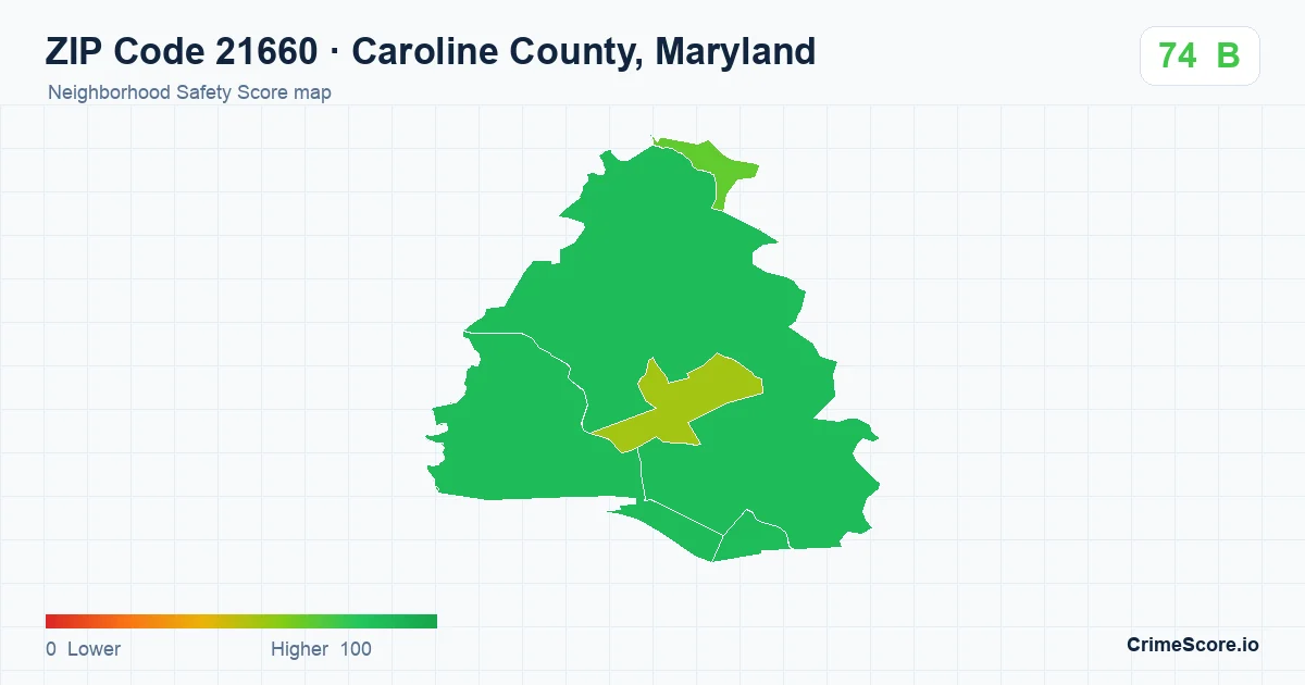ZIP Code 21660 in Caroline County, Maryland neighborhood Safety Score map