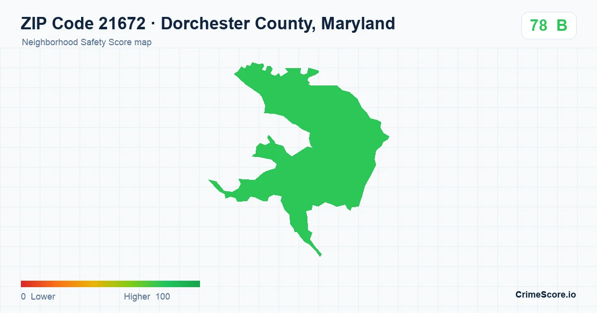 ZIP Code 21672 in Dorchester County, Maryland neighborhood Safety Score map