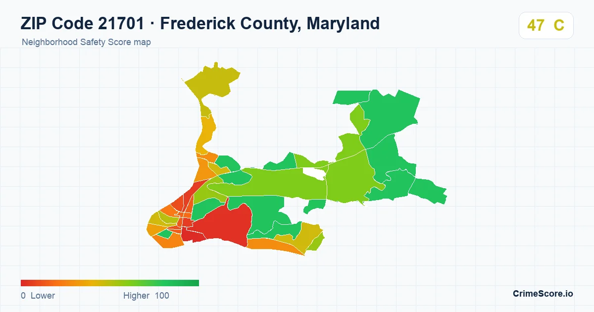 ZIP Code 21701 in Frederick County, Maryland neighborhood Safety Score map