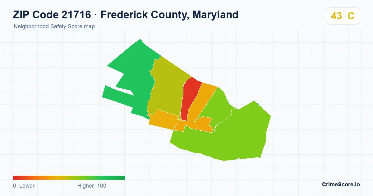 ZIP Code 21716 in Frederick County, Maryland neighborhood Safety Score map