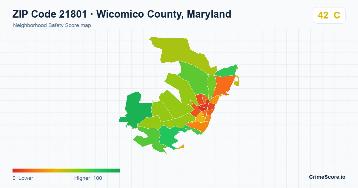 ZIP Code 21801 in Wicomico County, Maryland neighborhood Safety Score map