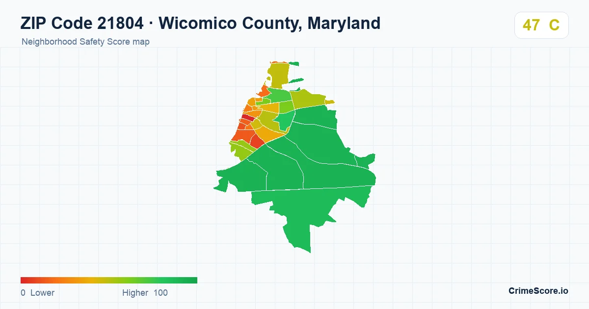 ZIP Code 21804 in Wicomico County, Maryland neighborhood Safety Score map