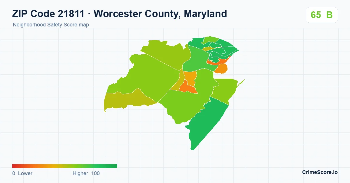 ZIP Code 21811 in Worcester County, Maryland neighborhood Safety Score map