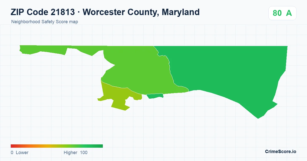 ZIP Code 21813 in Worcester County, Maryland neighborhood Safety Score map