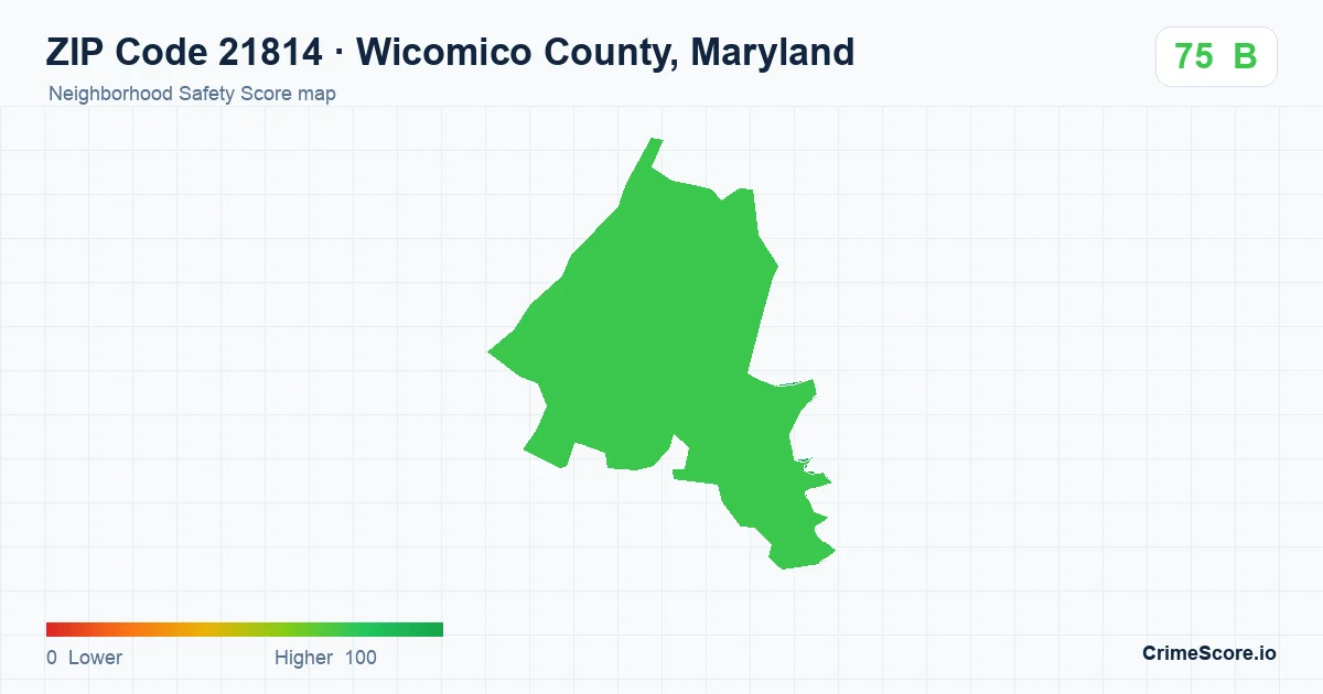 ZIP Code 21814 in Wicomico County, Maryland neighborhood Safety Score map