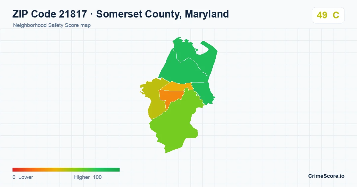 ZIP Code 21817 in Somerset County, Maryland neighborhood Safety Score map