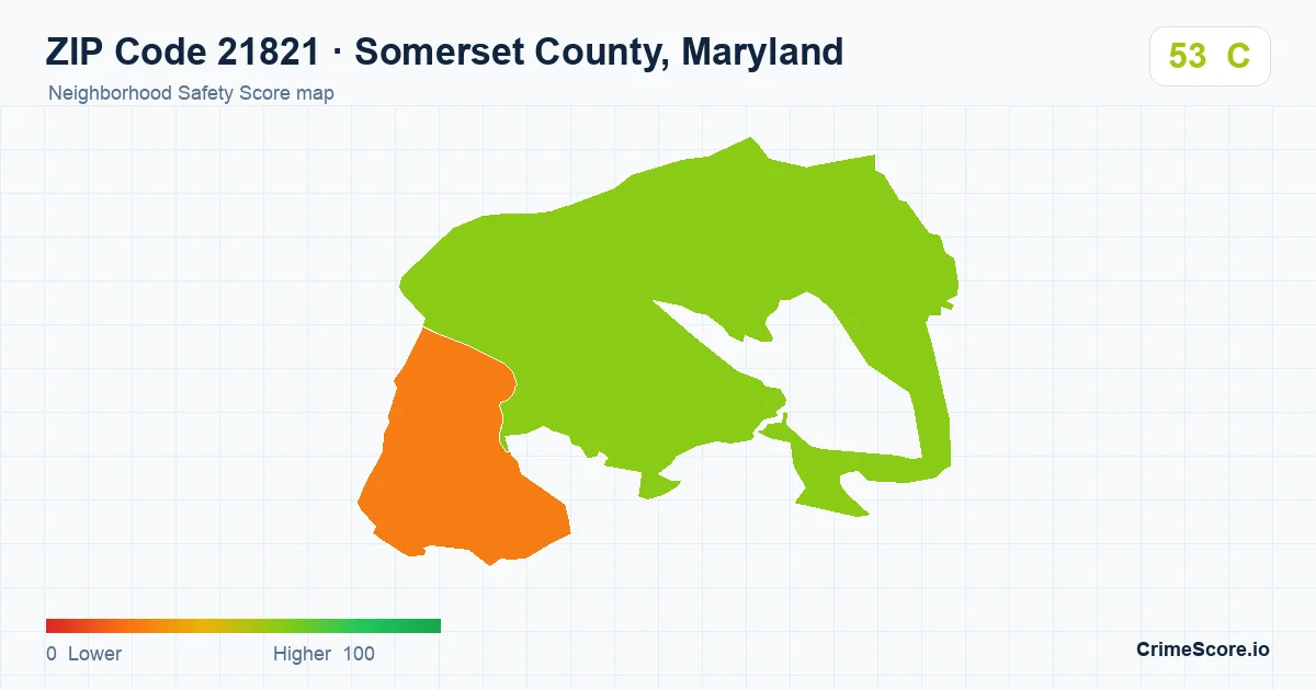 ZIP Code 21821 in Somerset County, Maryland neighborhood Safety Score map