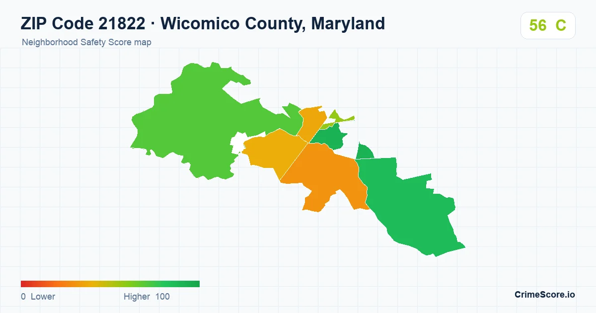 ZIP Code 21822 in Wicomico County, Maryland neighborhood Safety Score map