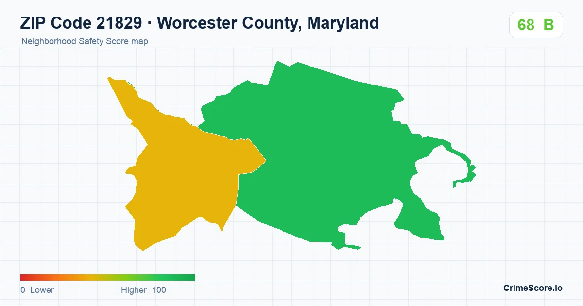 ZIP Code 21829 in Worcester County, Maryland neighborhood Safety Score map