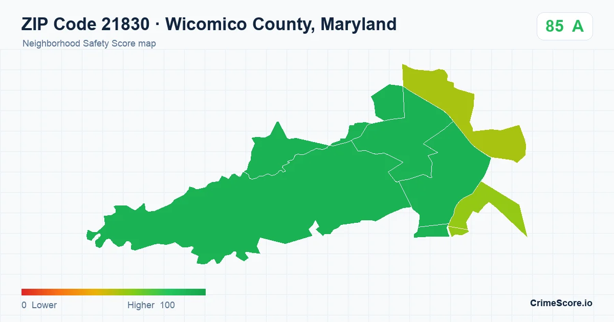 ZIP Code 21830 in Wicomico County, Maryland neighborhood Safety Score map