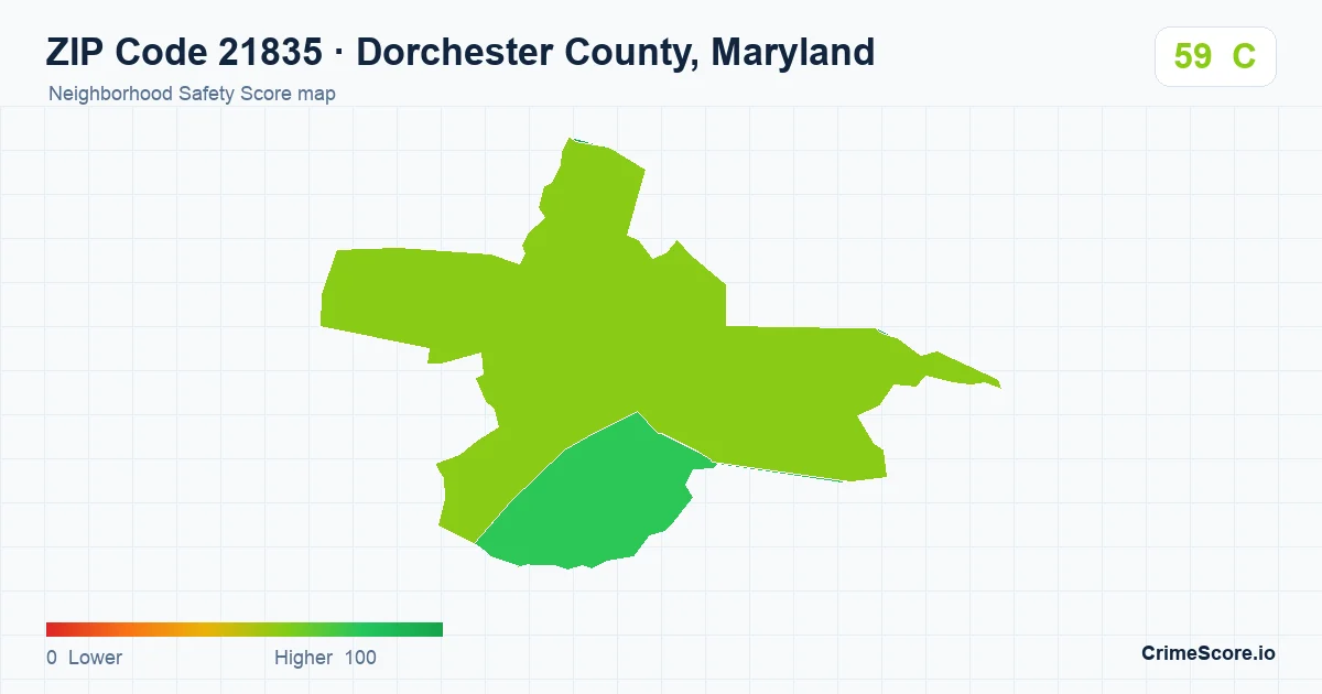ZIP Code 21835 in Dorchester County, Maryland neighborhood Safety Score map