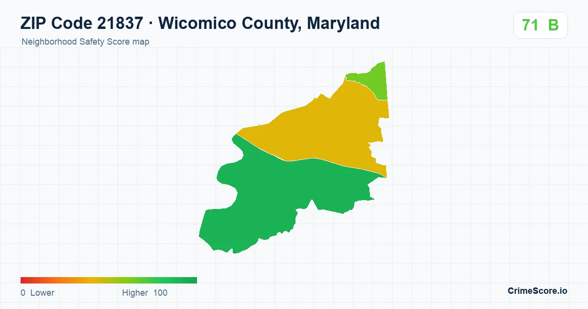 ZIP Code 21837 in Wicomico County, Maryland neighborhood Safety Score map