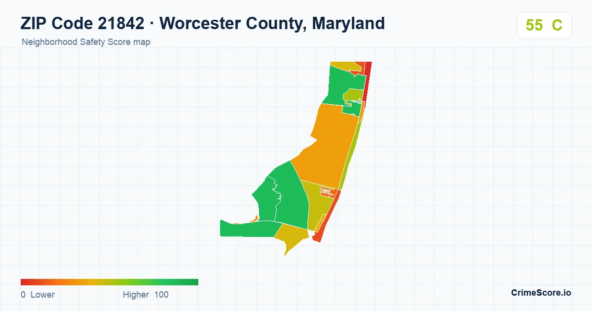 ZIP Code 21842 in Worcester County, Maryland neighborhood Safety Score map