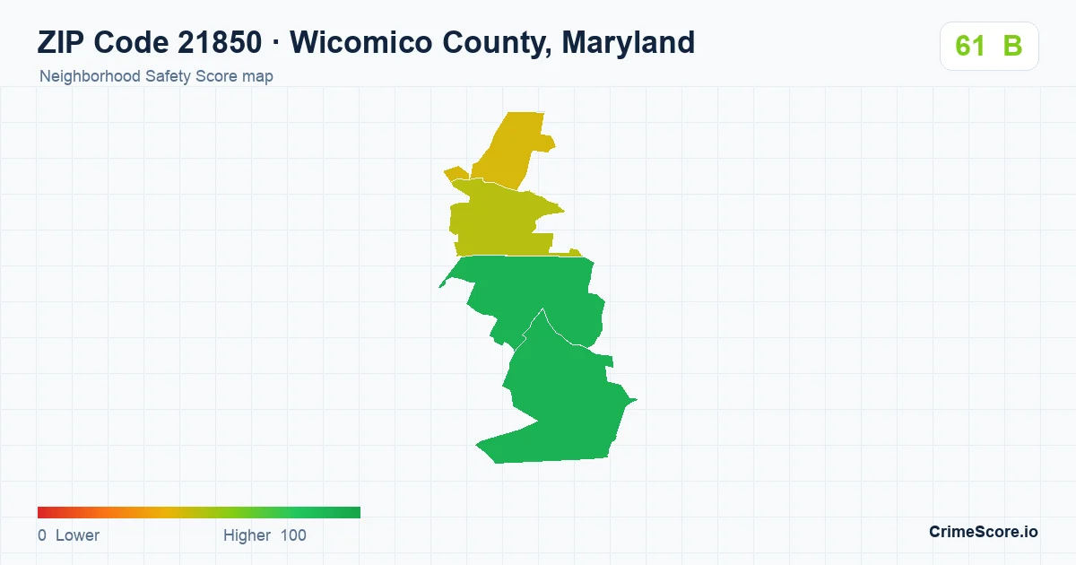 ZIP Code 21850 in Wicomico County, Maryland neighborhood Safety Score map