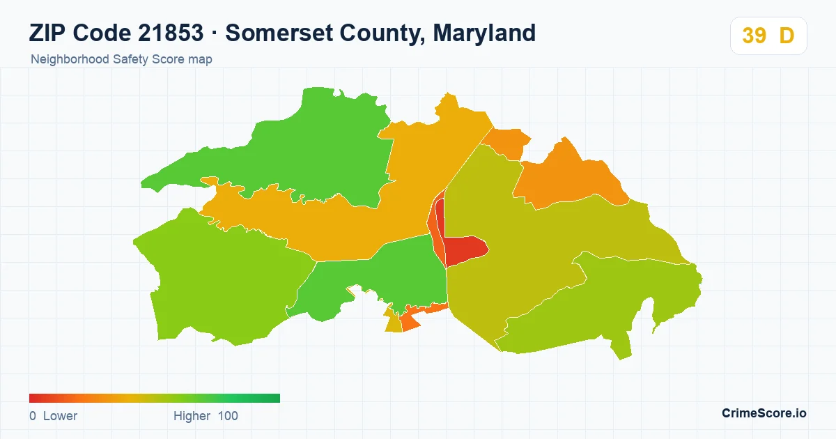 ZIP Code 21853 in Somerset County, Maryland neighborhood Safety Score map