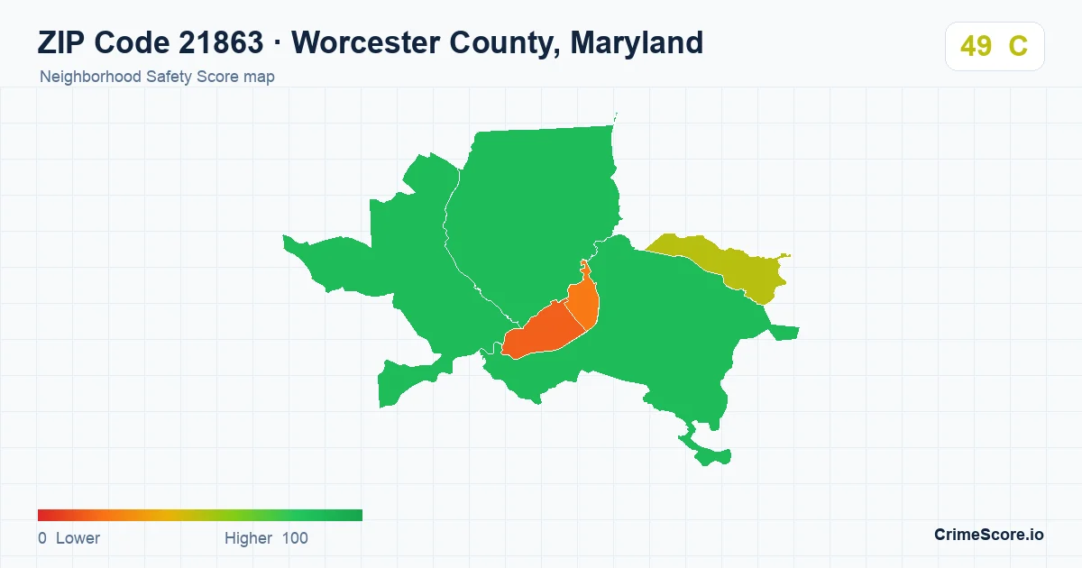 ZIP Code 21863 in Worcester County, Maryland neighborhood Safety Score map