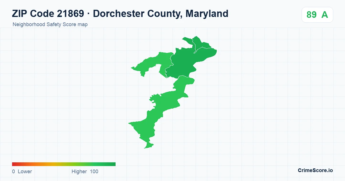 ZIP Code 21869 in Dorchester County, Maryland neighborhood Safety Score map