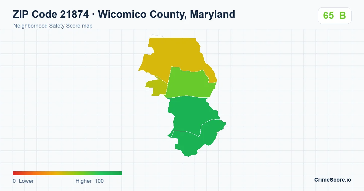 ZIP Code 21874 in Wicomico County, Maryland neighborhood Safety Score map