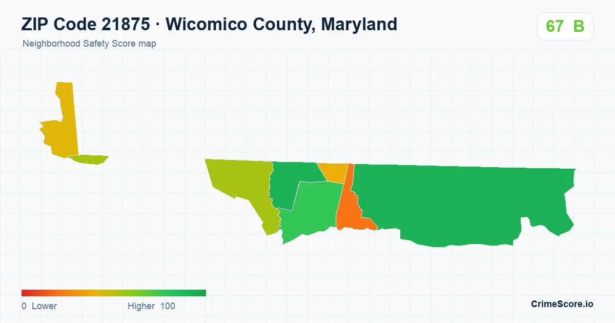 ZIP Code 21875 in Wicomico County, Maryland neighborhood Safety Score map