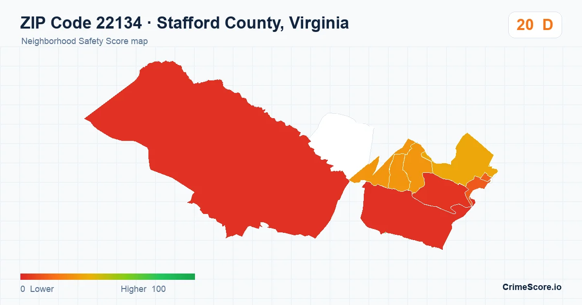 ZIP Code 22134 in Stafford County, Virginia neighborhood Safety Score map