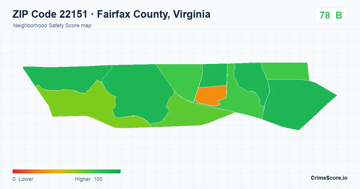 ZIP Code 22151 in Fairfax County, Virginia neighborhood Safety Score map