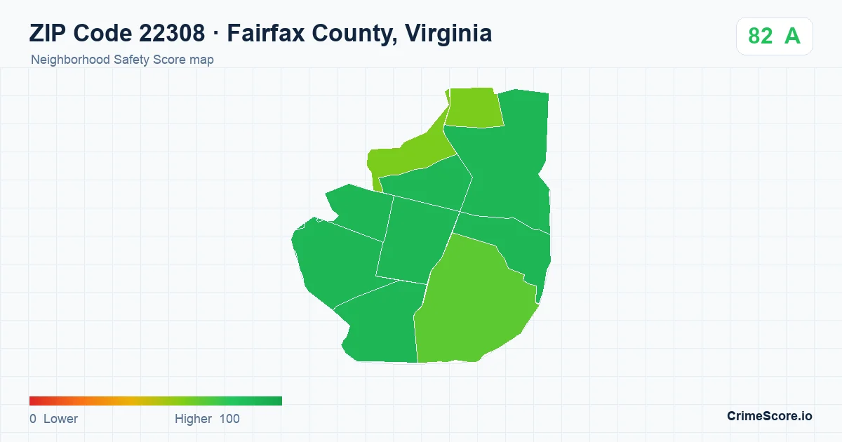ZIP Code 22308 in Fairfax County, Virginia neighborhood Safety Score map