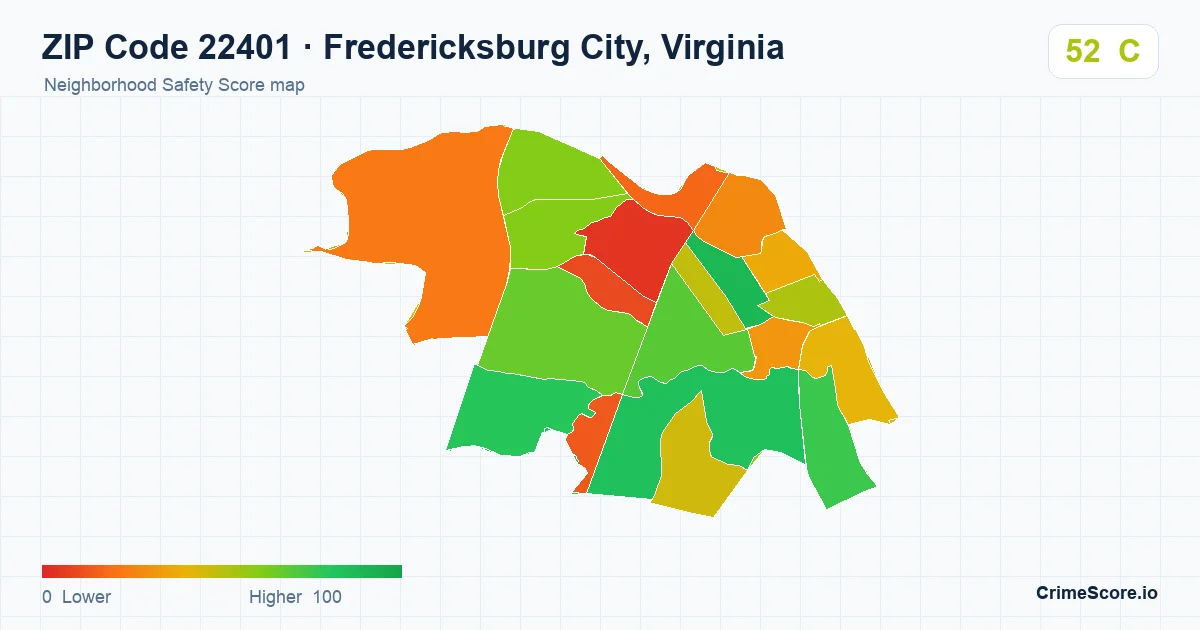 ZIP Code 22401 in Fredericksburg City, Virginia neighborhood Safety Score map