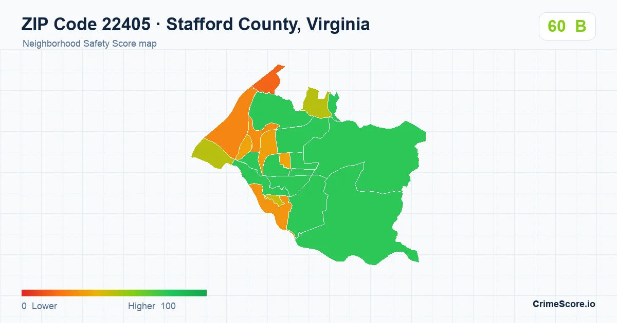ZIP Code 22405 in Stafford County, Virginia neighborhood Safety Score map