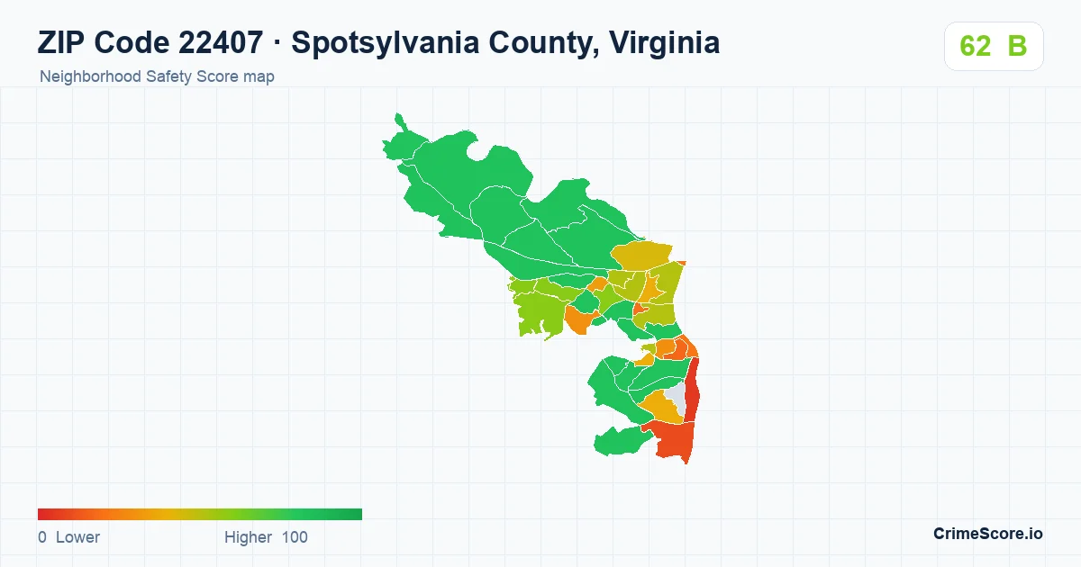 ZIP Code 22407 in Spotsylvania County, Virginia neighborhood Safety Score map
