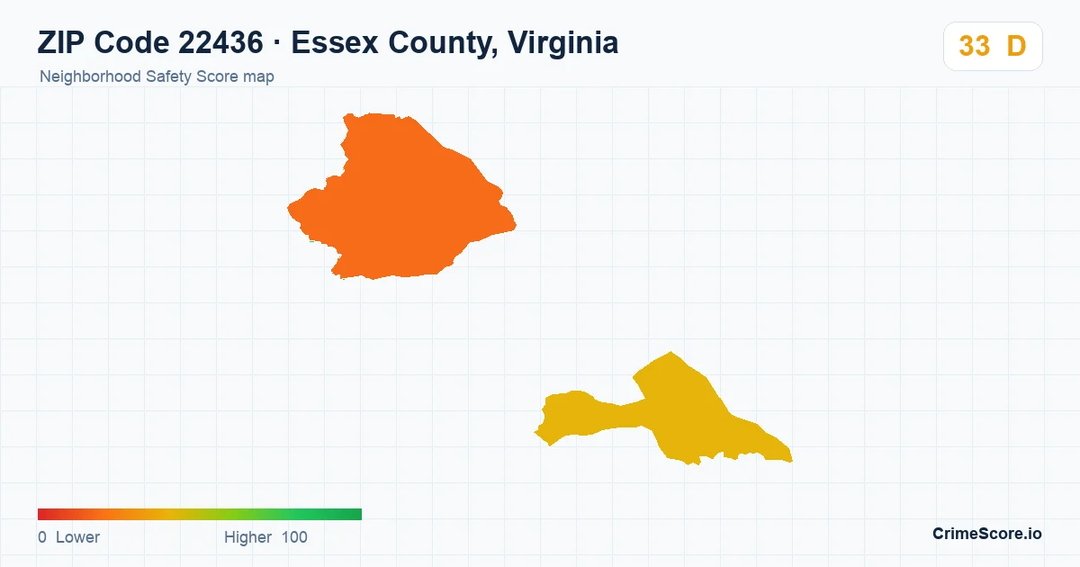 ZIP Code 22436 in Essex County, Virginia neighborhood Safety Score map
