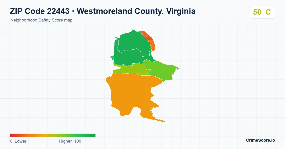 ZIP Code 22443 in Westmoreland County, Virginia neighborhood Safety Score map