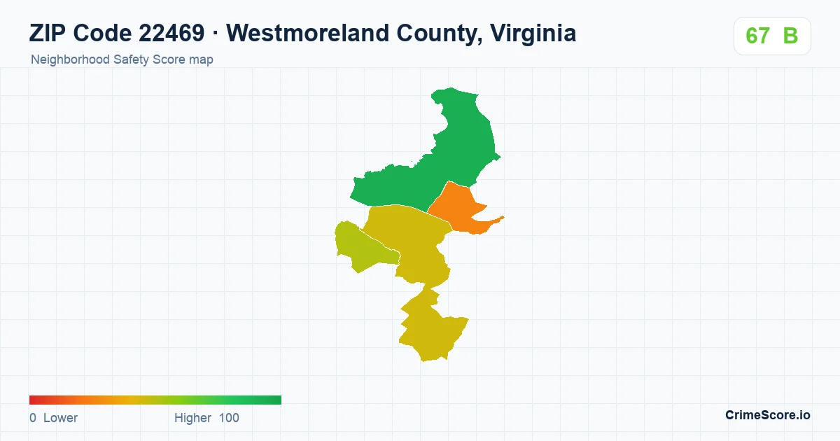 ZIP Code 22469 in Westmoreland County, Virginia neighborhood Safety Score map