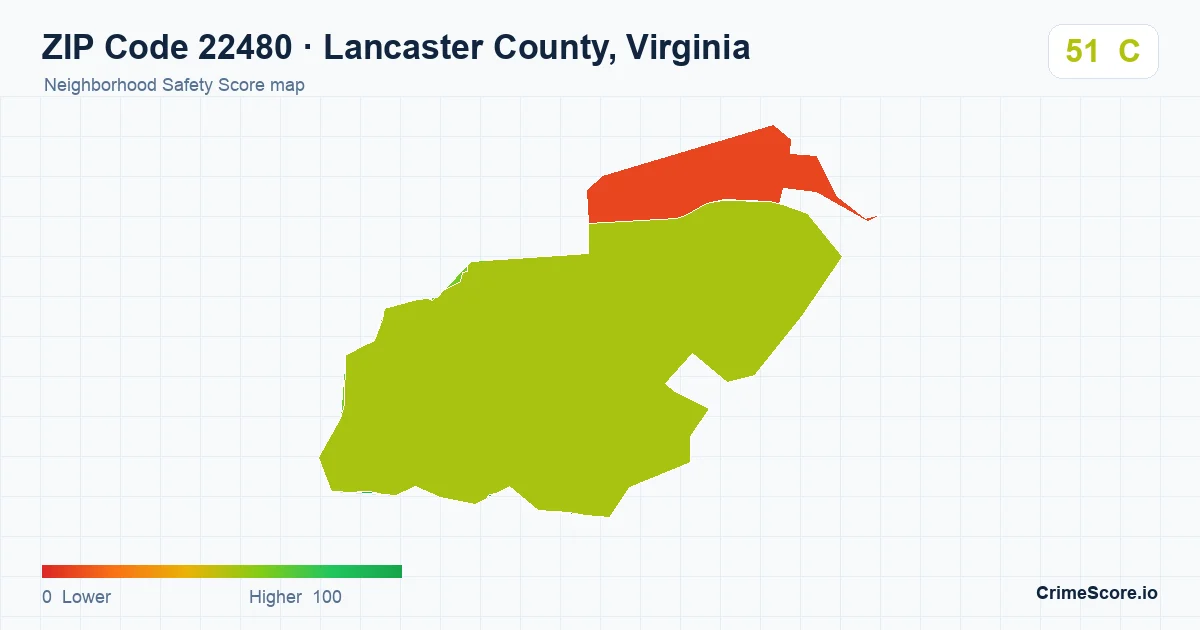 ZIP Code 22480 in Lancaster County, Virginia neighborhood Safety Score map